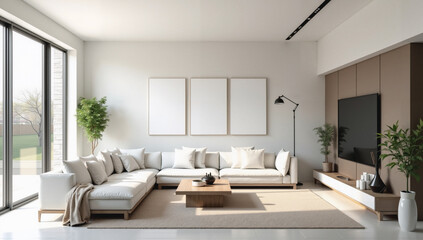 Minimalist interior design of a modern living room with neutral tones, large windows, and clean, sleek furniture. Mockup, space for text, copy space.
