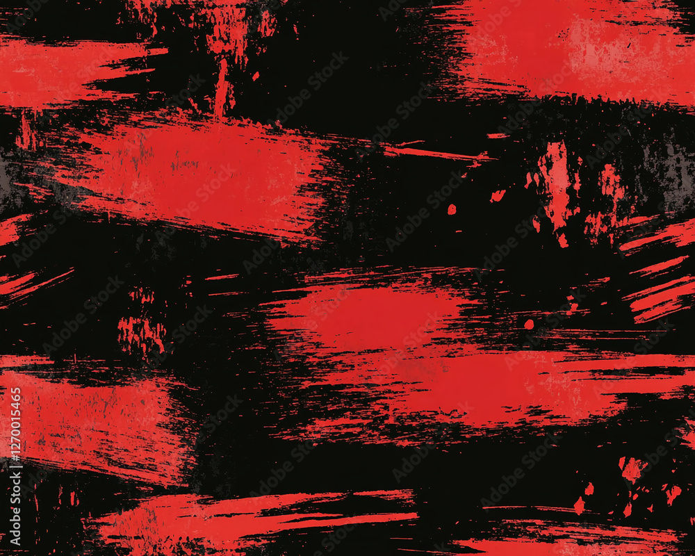 Poster close-up of a vibrant red and black abstract brushstroke pattern on textured canvas, showcasing ener