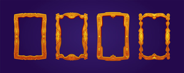 Golden engraved or carved wooden frame a4 paper. Vector border template with pattern in cartoon style. Dotted, line art, abstract, decorative, floral. Isolated set, thin line woven into ornament.