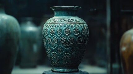 Ancient Ceramic Vase with Intricate Floral Patterns in Turquoise Hue