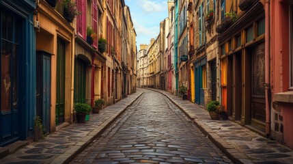 Fototapeta premium Amid the narrow alleys of Panama City's historic Casco Viejo, colorful colonial buildings and cobblestone streets blend together