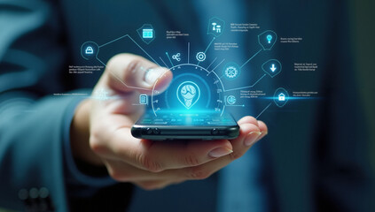 Close-up of a hand holding a smartphone with a digital interface, surrounded by holographic data and futuristic technology symbols