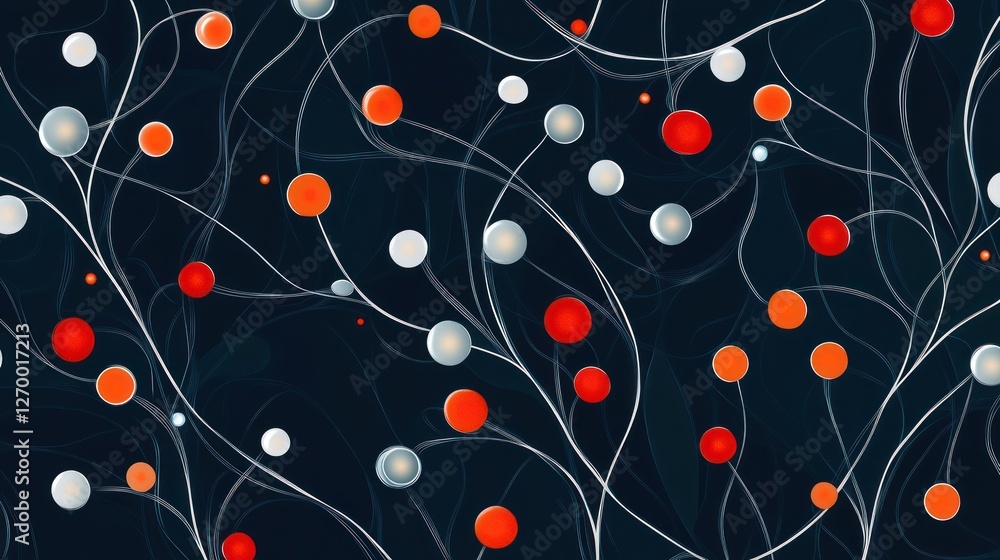 Poster abstract network of interconnected spheres and lines on dark background