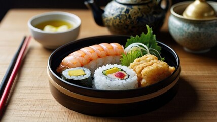 Traditional Japanese Bento Box: Sushi Rolls, Golden Tempura, and Pickled Vegetables in a Lacquered Wooden Box
