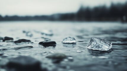 Ice crystals on riverbed, cold grey day. Possible use Stock photo for nature, winter, or environmental themes