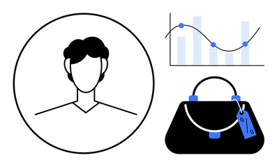 Businessperson portrait, data graph, and purse. Ideal for business, finance, lifestyle balance, data analysis, shopping trends professional identity career growth. Simple abstract line flat