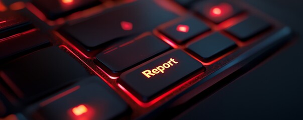Fototapeta premium Closeup of a keyboard with report button technology action shot dark setting