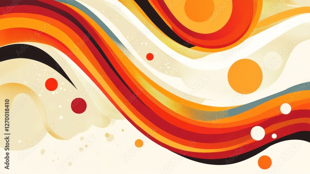 Poster retro abstract background with waves and circles in warm autumn colors