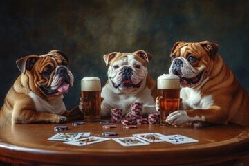 English bulldogs playing poker and drinking beer