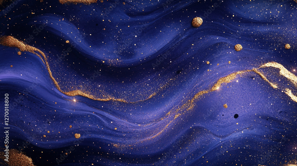Poster close-up of a beautiful abstract design featuring purple fluid paint with golden glitter, creating a