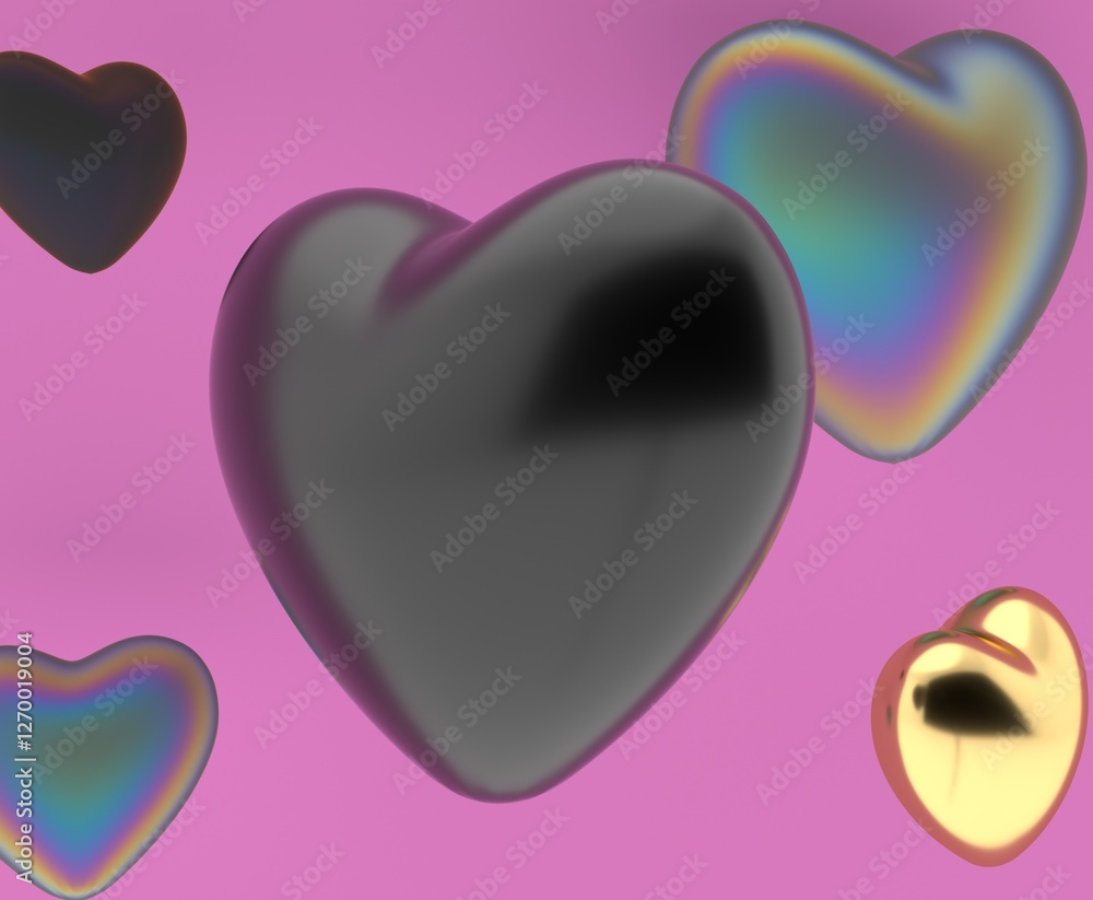 Aufkleber 3d illustration of metallic hearts in black, gold, and iridescent hues floating against a pink backg
