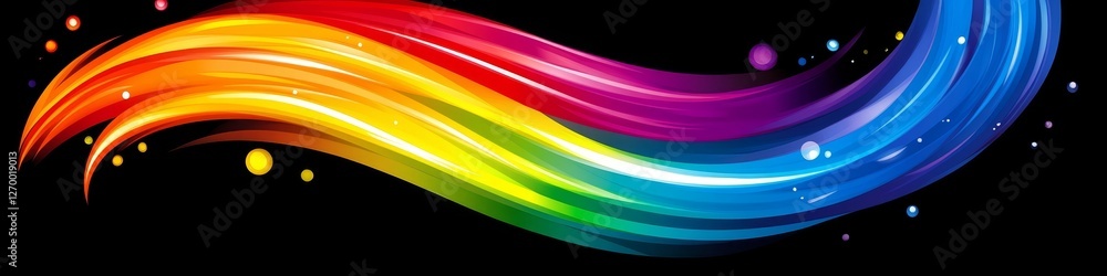 Poster vibrant color spectrum, dynamic composition abstract flowing waves on black background.