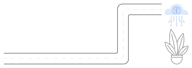 Plant in pot connected to cloud-shaped digital brain through a winding path. Ideal for growth, innovation, technology, connectivity, nature-tech integration, digital transformation, futuristic