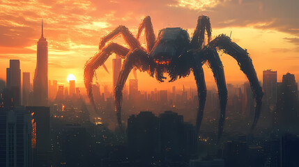 Giant robotic spider looms over a futuristic city during sunset with skyline in view. Mechanical Spider Cities. Illustration