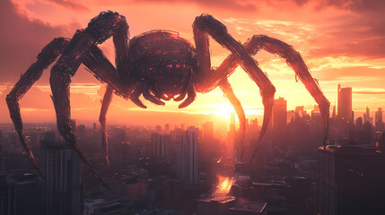 Giant robotic spider looms over a futuristic city during sunset with skyline in view. Mechanical Spider Cities. Illustration