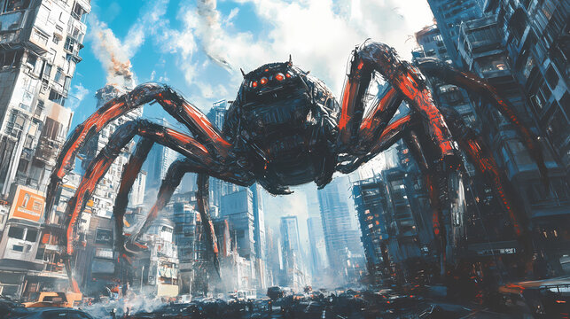 Giant robotic spiders invade futuristic city. Mechanical Spider Cities. Illustration