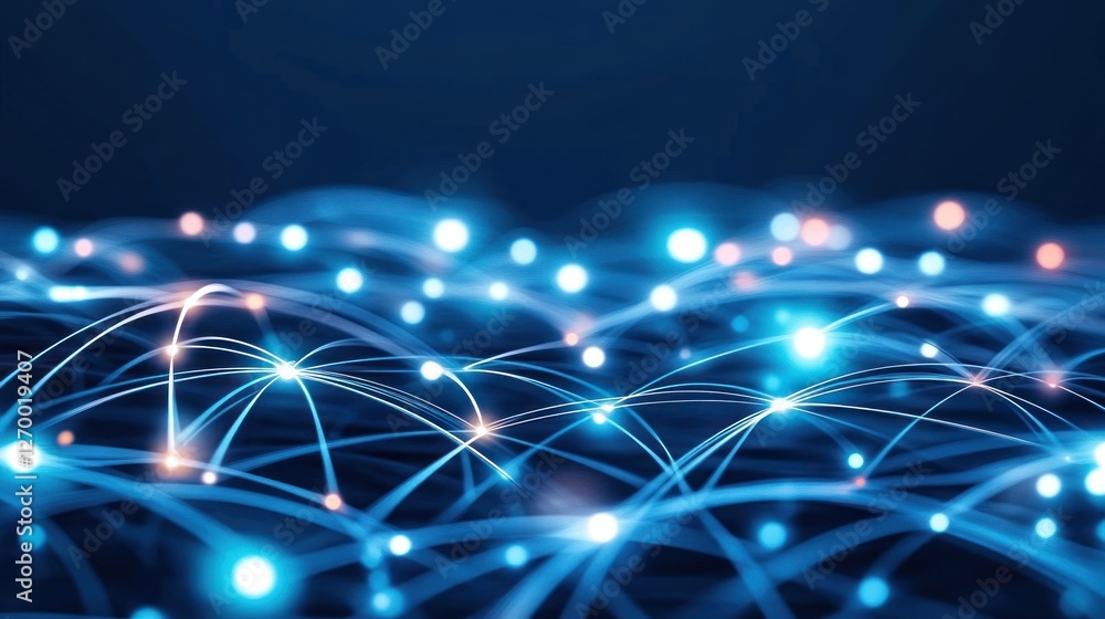 Poster futuristic connection network with glowing nodes and flowing data streams