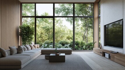 Obraz premium Modern living room with large windows overlooking a forest. Interior design, relaxing atmosphere