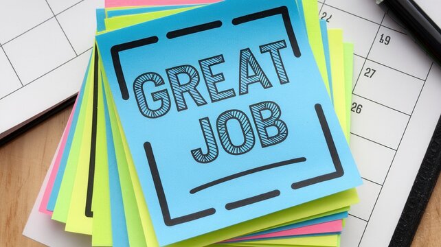 Colorful sticky notes with great job message stacked atop calendar