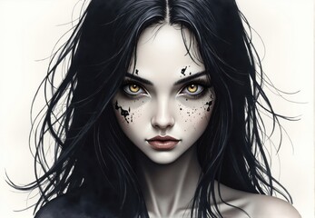 Fototapeta premium Digital Painting of Woman with Dark Hair and Ink Splatter