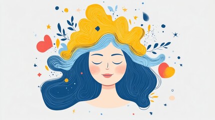 Serene Woman, Illustrated Artwork: A Colorful Portrait of Inner Peace