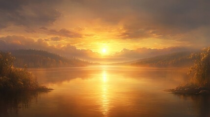 Fototapeta premium Golden Serenity: A Tranquil Lake Landscape at Sunset, a scene of nature's beauty