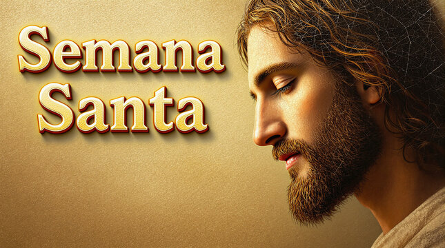 Ilustra&ccedil;&atilde;o art&iacute;stica de Jesus Cristo em perfil, com fundo dourado e texto "Semana Santa", ideal para temas religiosos e celebra&ccedil;&otilde;es crist&atilde;s.