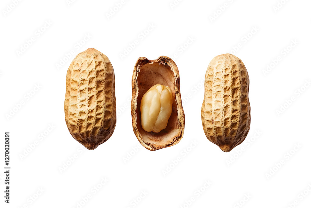 Poster three whole peanuts in shells from flat lay view isolated on transparent background.
