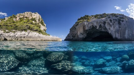 Fototapeta premium A Breathtaking View of Coastal Caves and Rocks, with Azure Waterfalls of Nature, Perfect for a Mediterranean Vacation