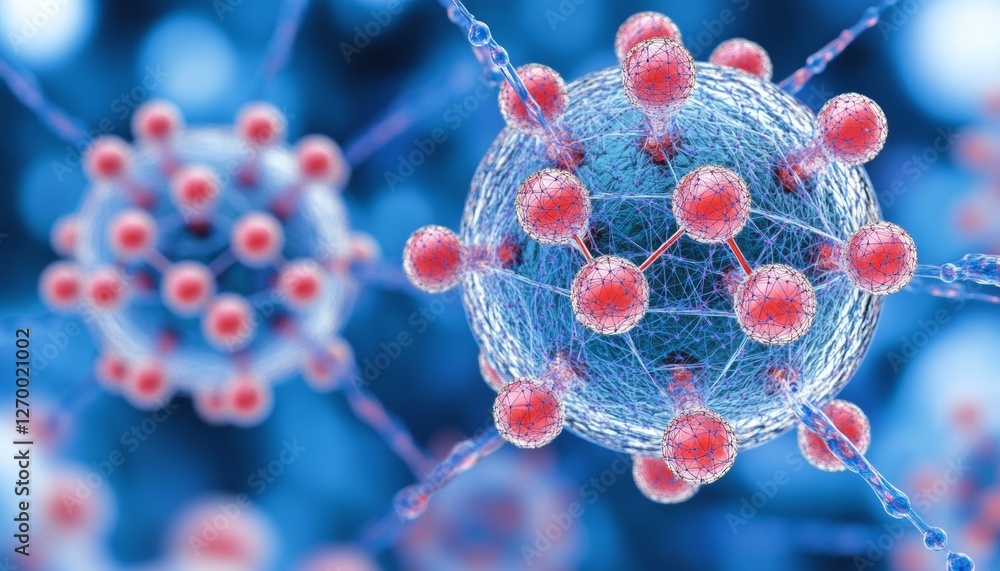 Poster blue network of interconnected nodes, lines, and spheres on a deep blue background with bokeh effect