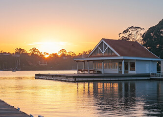 Obraz premium Sunset over a tranquil waterside house, showcasing a peaceful residential dock with warm light reflecting off the water, creating a serene and picturesque scene.