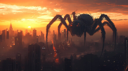 A giant mechanical spider looms over a city skyline at sunset, creating a surreal atmosphere. Mechanical Spider Cities. Illustration