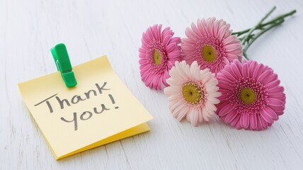 Thank you note with pink and white gerbera daisies