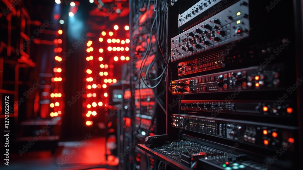 Poster illuminated server room infrastructure with complex network and equipment