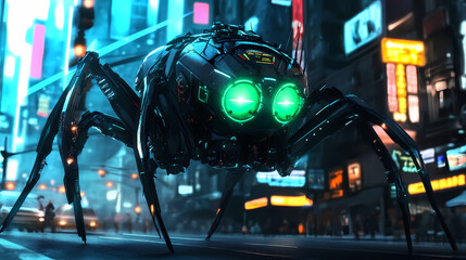 Futuristic, black insect like robot, glowing green eyes, on city street, urban background, vibrant lights, modern design, technological. Mechanical Spider Cities. Illustration