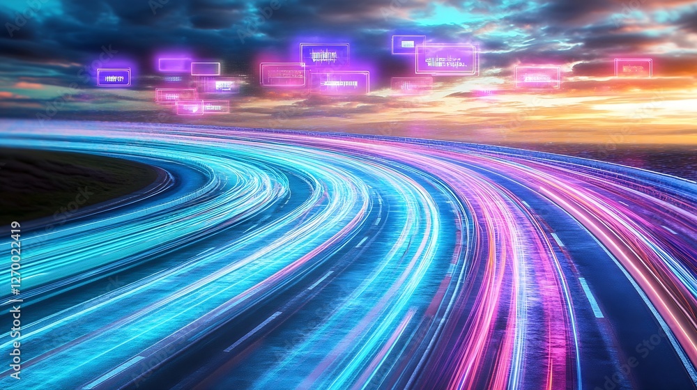 Poster dynamic scene of light trails on a highway with digital imagery symbolizing technology and connectiv