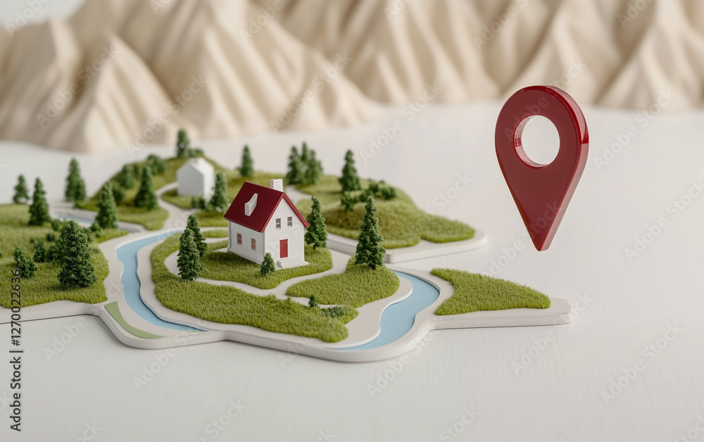 Poster map with house and location pin on a landscape. location map with house and trees with mountains in 