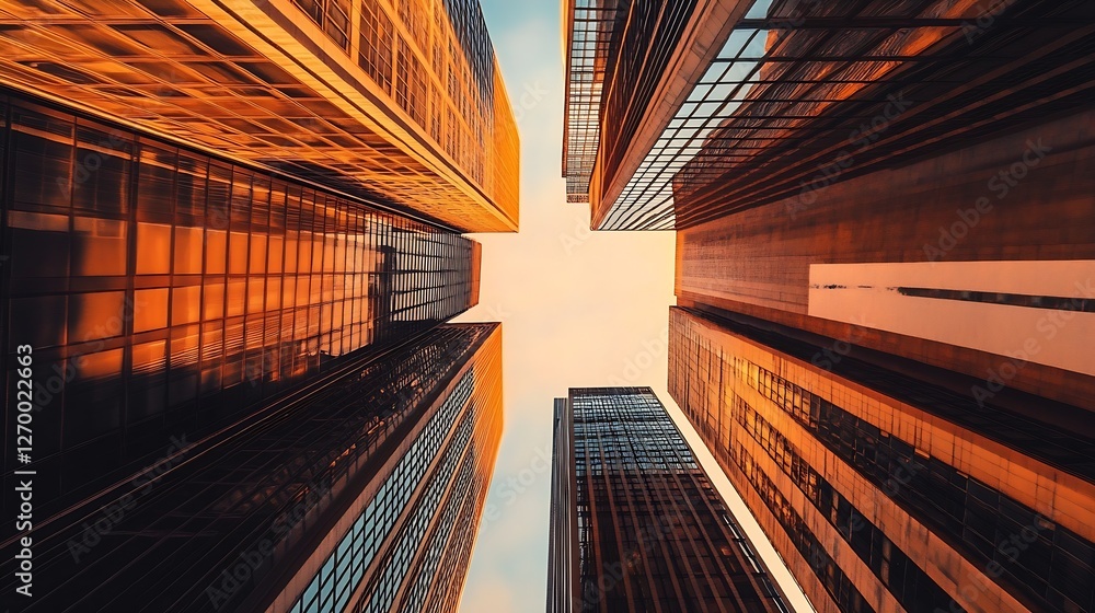 Poster Spectacular sunset view between high-rise buildings creating a stunning silhouette and warm atmospheric tones : Generative AI