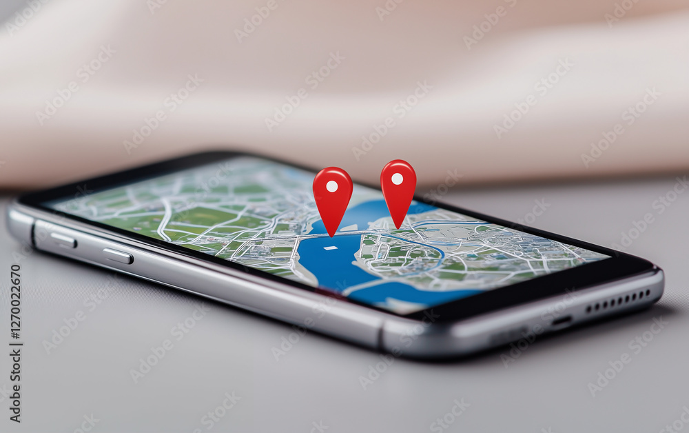 Poster Smartphone displaying map with location pins. Mobile phone showing map with location markers on screen. GPS navigation on smartphone screen