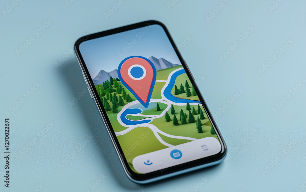 Poster Smartphone with map and location pin on screen. Mobile phone displaying a map with a location marker. Mobile device showing navigation app with location
