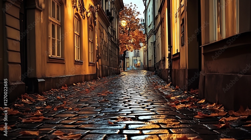 Poster Cobblestone street in autumn with falling leaves and warm light creating a serene atmosphere : Generative AI