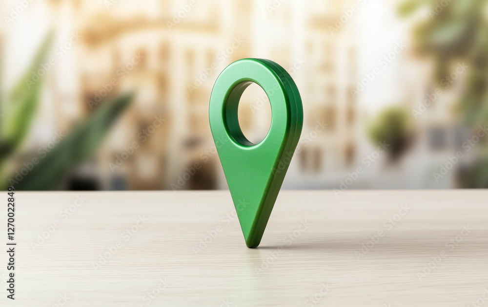 Poster map pin location pin map marker on table with blurred background. green map pin indicating a locatio