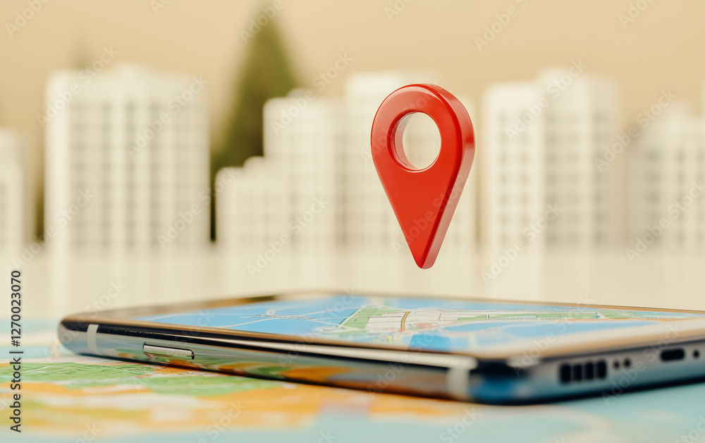 Poster smartphone with map and location pin. red location pin above smartphone screen showing map applicati