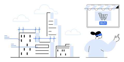 Person with VR headset interacts with virtual cityscape and online shopping cart. Ideal for topics thumbs up digital transformation, smart cities, urban planning, e-commerce, future technology