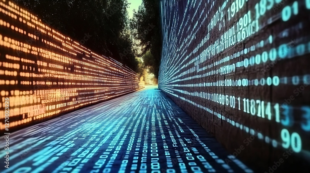 Aufkleber Data Flow with Binary Code on a Pathway Surrounded by Nature : Generative AI