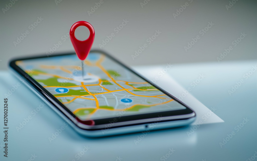 Poster Smartphone displaying a map with location pin. Mobile phone showing navigation app with a red location pin on the screen. Location and navigation concept