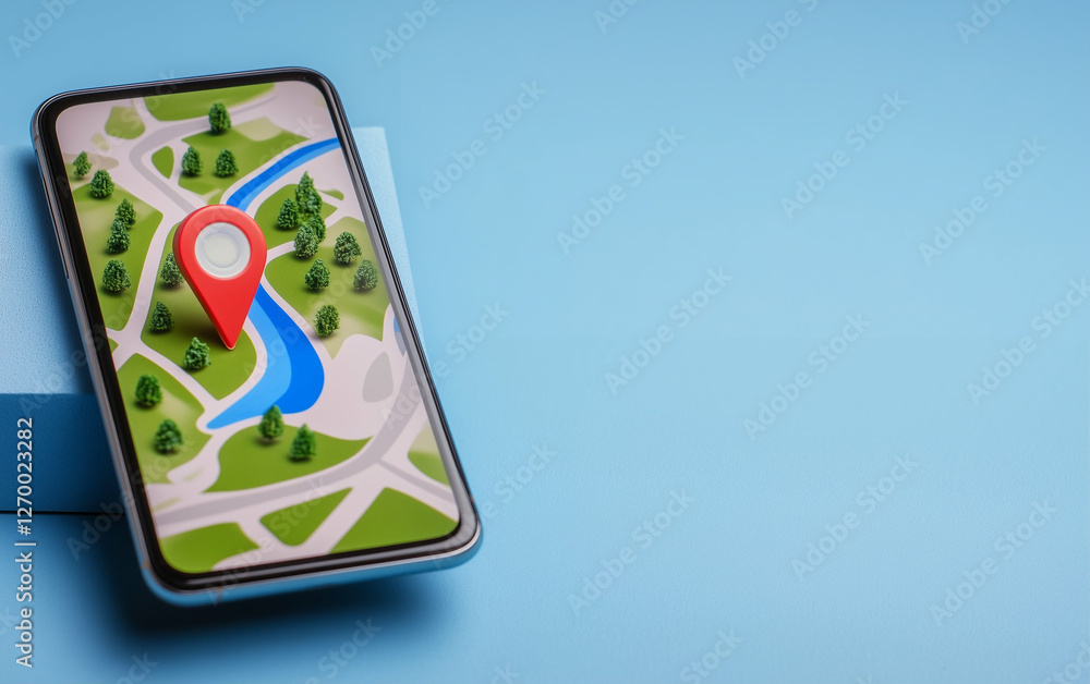 Poster Smartphone displaying a map with a red location pin and navigation app showing a route through a green landscape with a blue river. Mobile phone with map app for navigation and location tracking