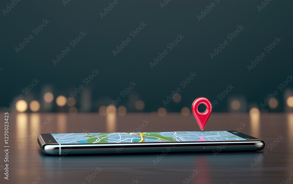 Poster Smartphone with map and location pin on screen displays mobile navigation. Mobile phone showing map with location marker. Smartphone map location mobile navigation gps destination travel