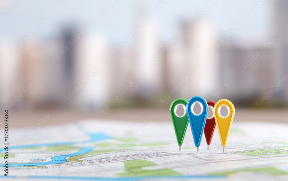 Poster map pins on city map showing location and travel planning. colorful map pins pinpointing location on