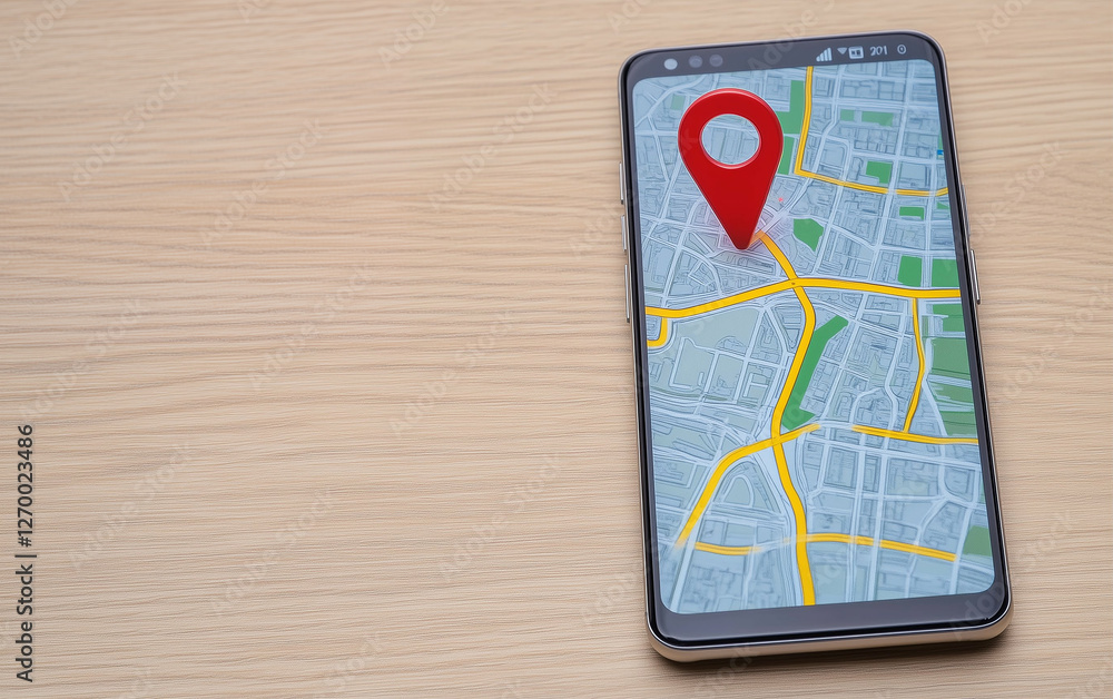 Poster Smartphone displaying map and navigation with red location pin on screen. Mobile phone showing city map with streets and location marker. Navigation app on smartphone screen